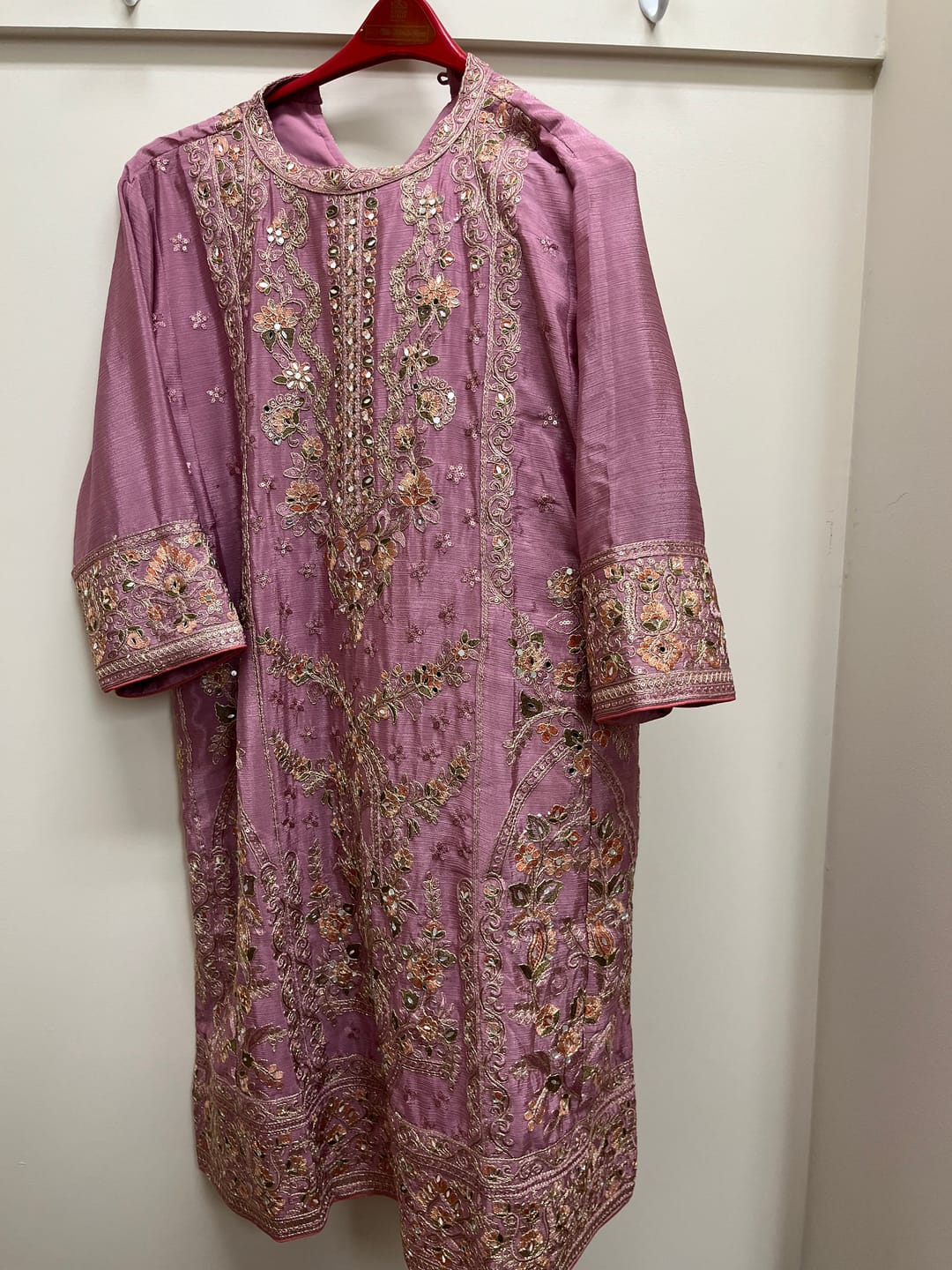 Customer photo review of Pearly Purple Chinon Silk Ethnic Suit with Heavy Embroidery
