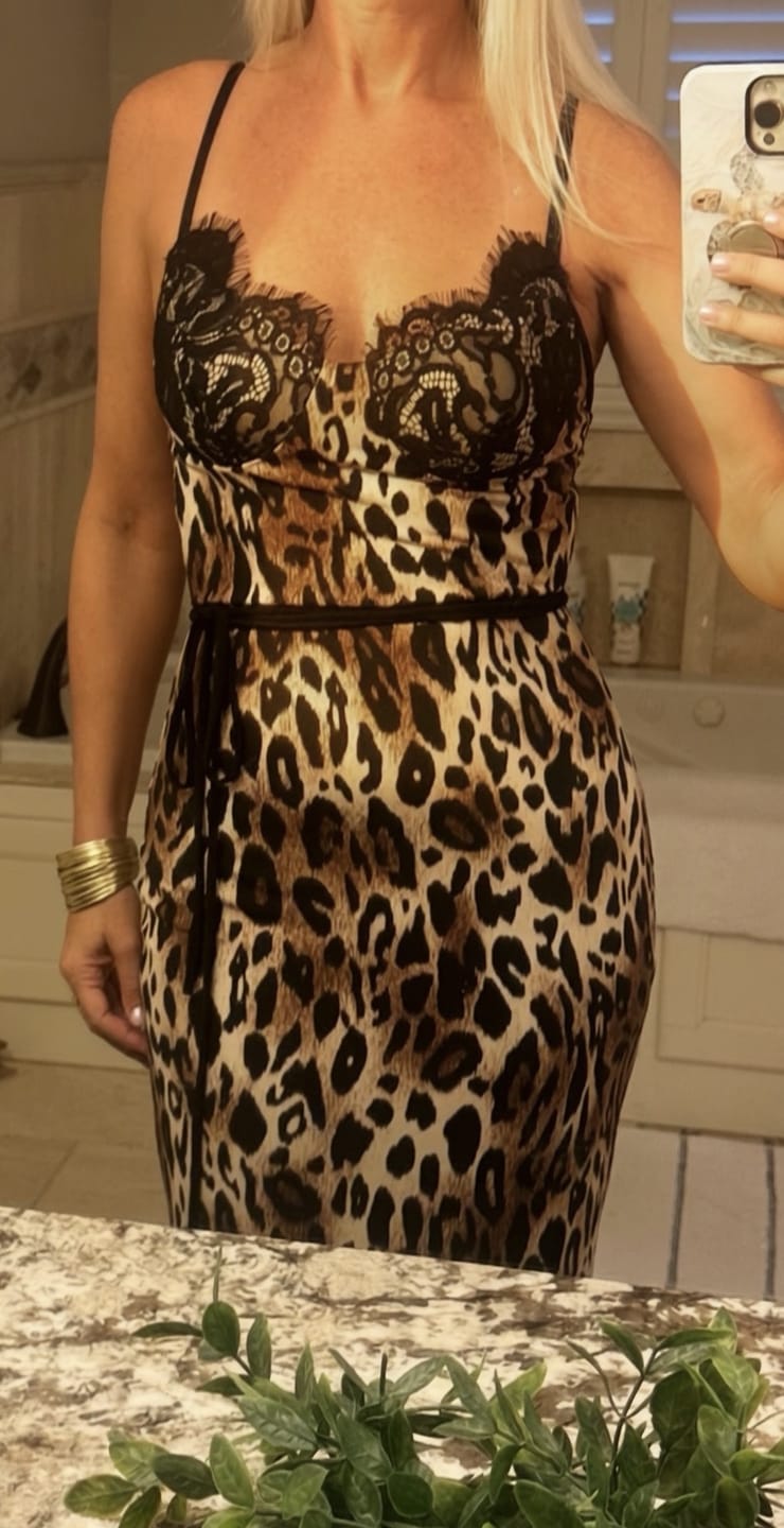 Customer photo review of Amber Leopard Print Midi Dress with Lace Trim - Brown