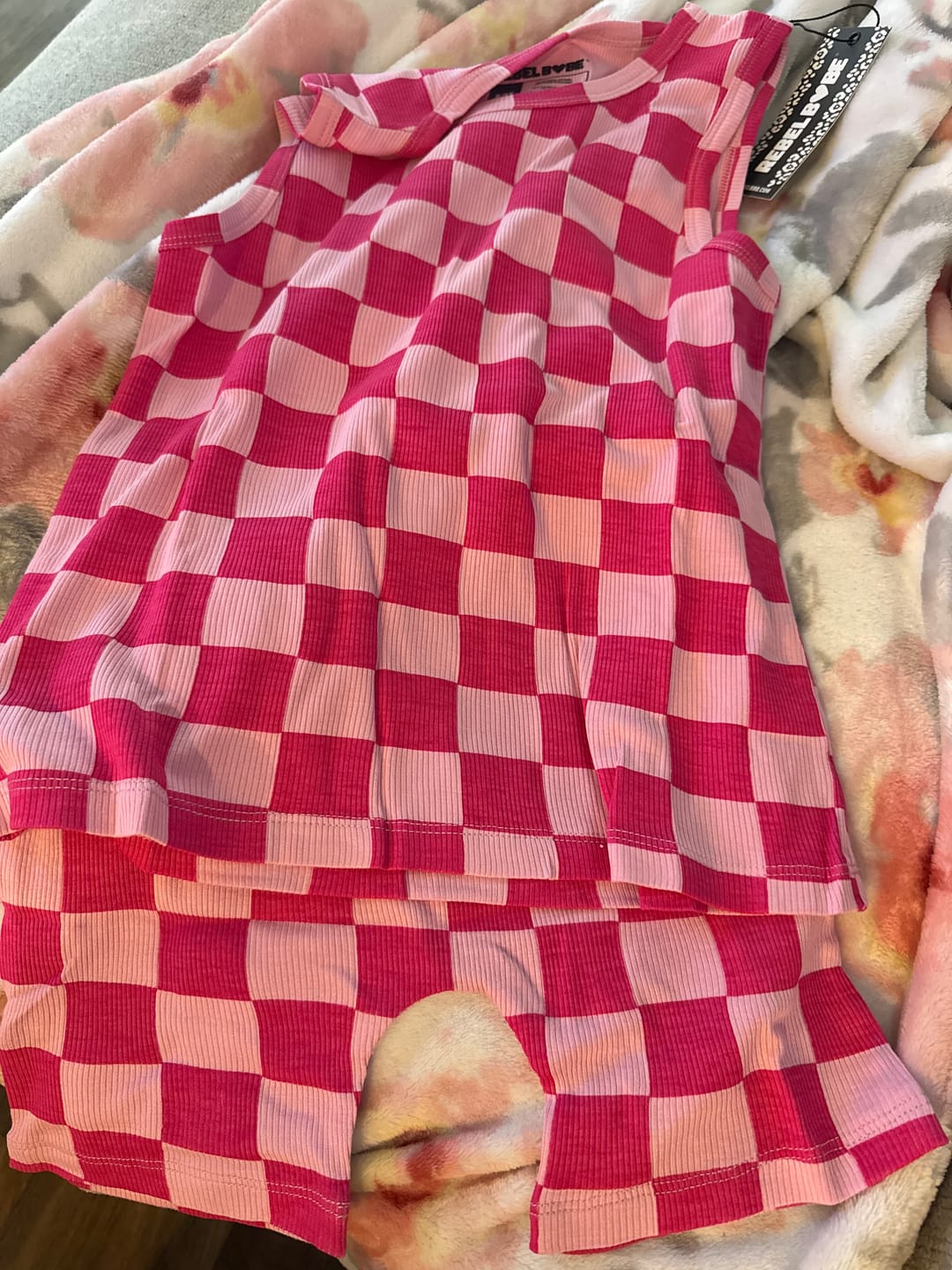 Customer photo review of Tank + Biker Two Piece Set in Bubble Gum Checkered