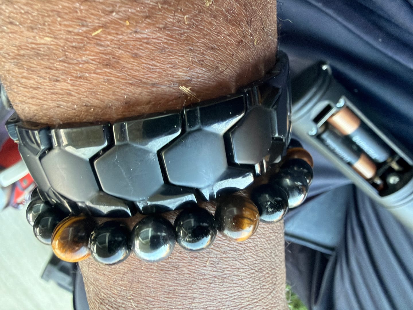 Customer photo review of Men’s Triple Protection Bracelet – Tiger’s Eye, Black Obsidian & Hematite for Strength & Focus