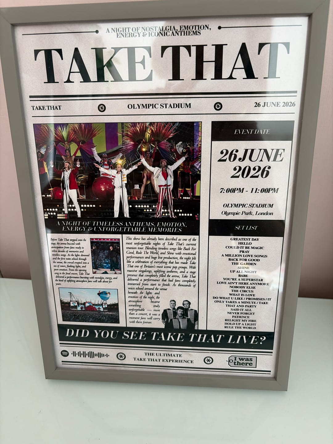Customer photo review of Take That - Personalised Newspaper Style Concert Poster