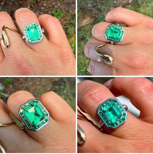 Customer's collage showing the 4ct Columbia emerald set in a beautiful halo ring and worn on their hand.