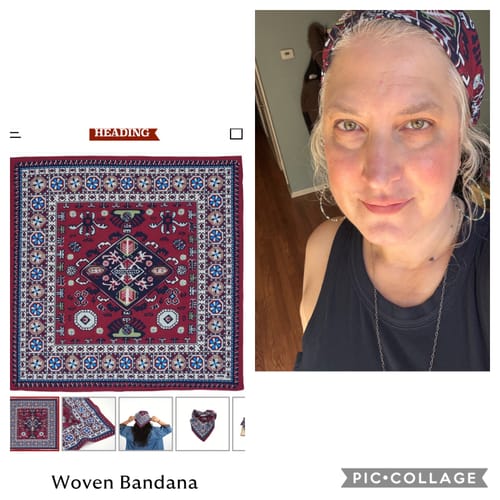 A reviewer's close-up shows them wearing the burgundy and blue Woven Bandana as a headband.