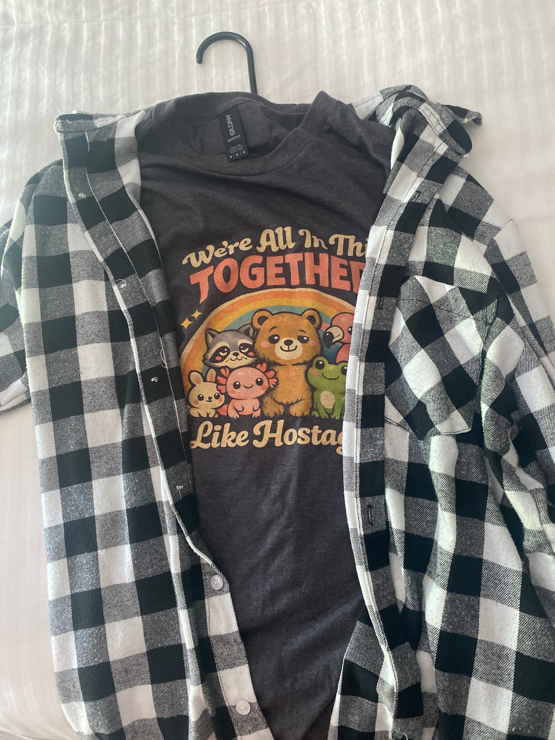 Customer photo review of We're All In This Together Like Hostages Sarcastic Shirt