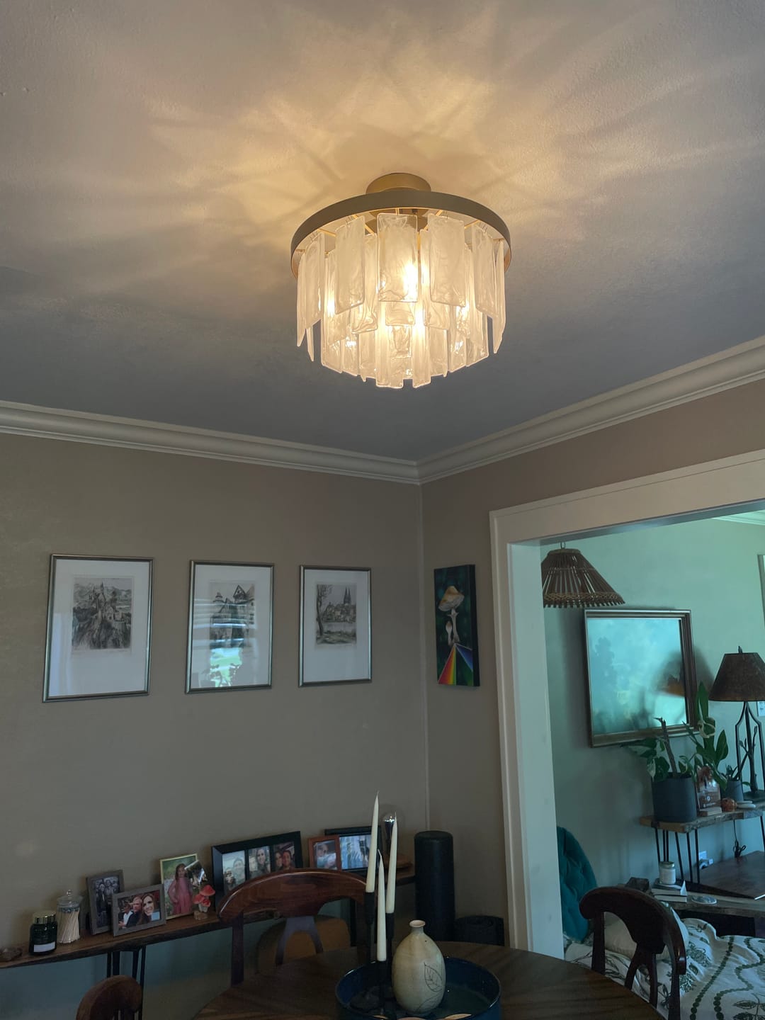 Customer photo review of Tiered Opal Swirl Glass Round Semi Flush Mount Chandelier