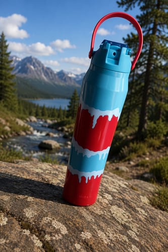 Customer's colorful Bottle Buddy placed on a large rock in a scenic mountain setting.