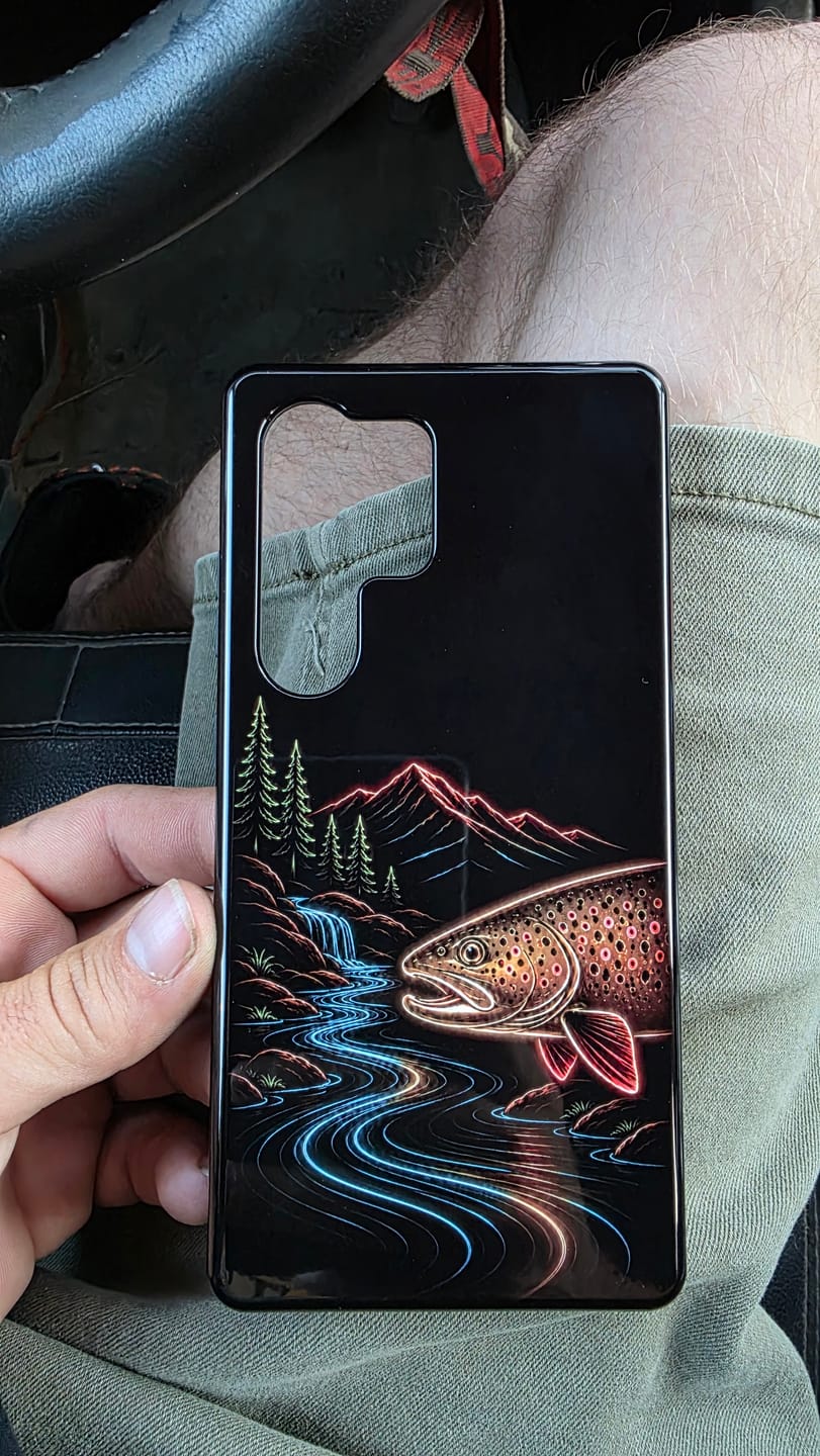 Customer photo review of Brown Trout Neon Wilderness Phone Case