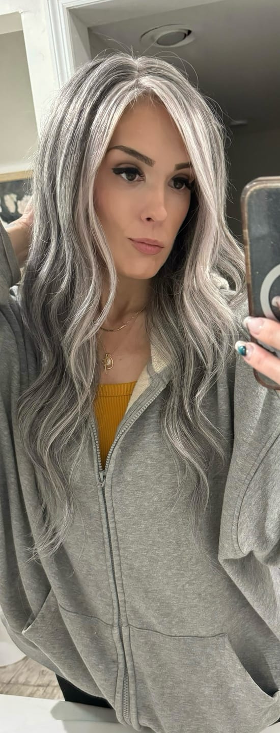 Customer photo review of Luvwin 13x4 Silky Salt & Pepper Long Straight Silver Wig 100% Human Hair