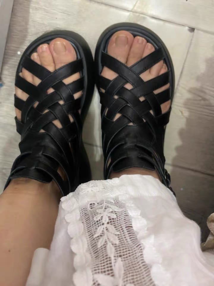 Customer photo review of Summer Leather Woven Open Toe Wide Toe Box Platform Sandals