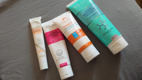 Customer's All Glow Pigmentation Bundle, showing the facewash, sunblock, pigmentation cream, and lip cream.