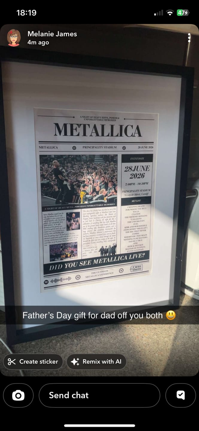 Customer photo review of Metallica - Personalised Newspaper Style Concert Poster