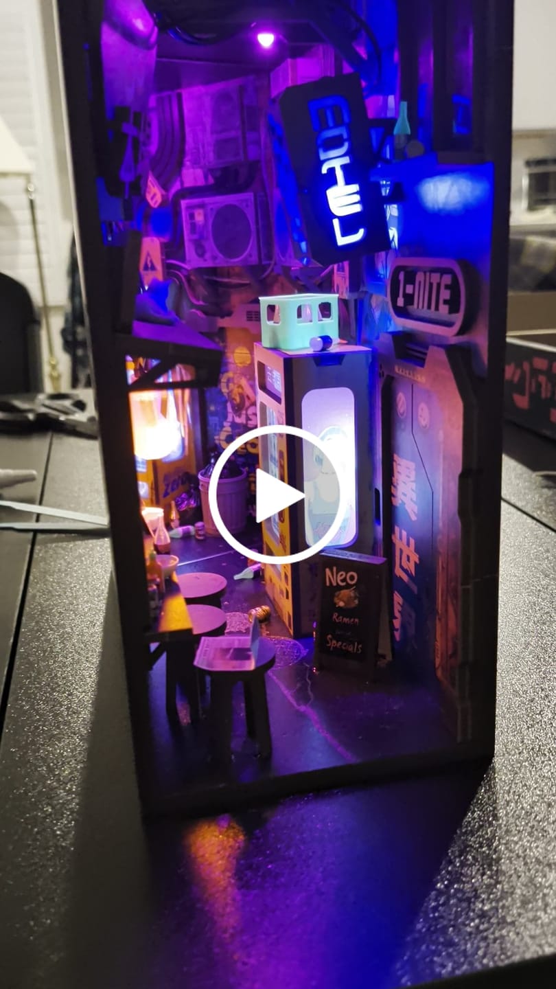 Customer video review of Neon Ramen MiniAlley Cyberpunk DIY Book Nook Kit, Scale Model Kit,  Japanese Ramen Shop Miniature Scene