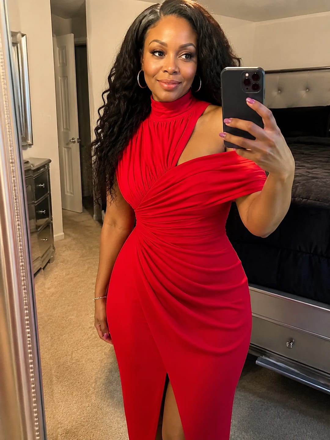 Customer photo review of Solid color One-shoulder Draped Asymmetrical Midi Dress
