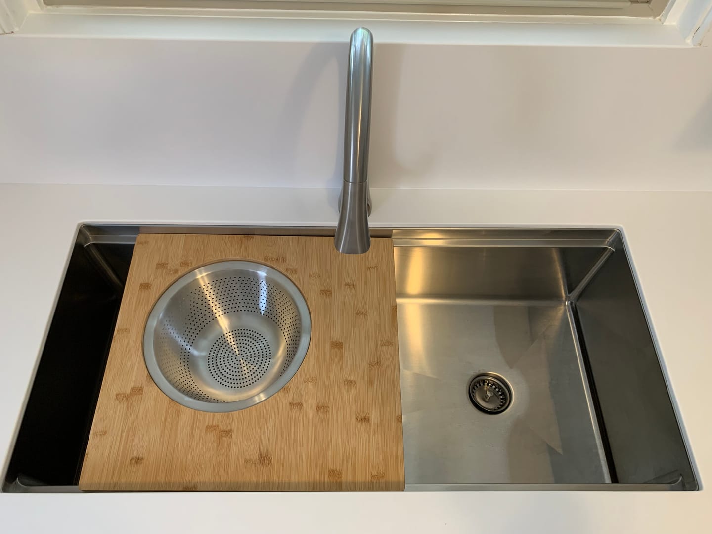 Customer photo review of 18" Bamboo Cutting Board with 11" Stainless Steel Colander and Mixing Bowl (MIX-11-SET) - Workstation Sink Accessory