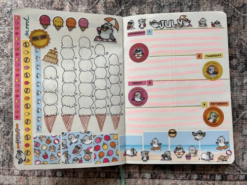 Customer's journal with an ice cream mood tracker and weekly layout using stickers from the Ultimate Subscription.