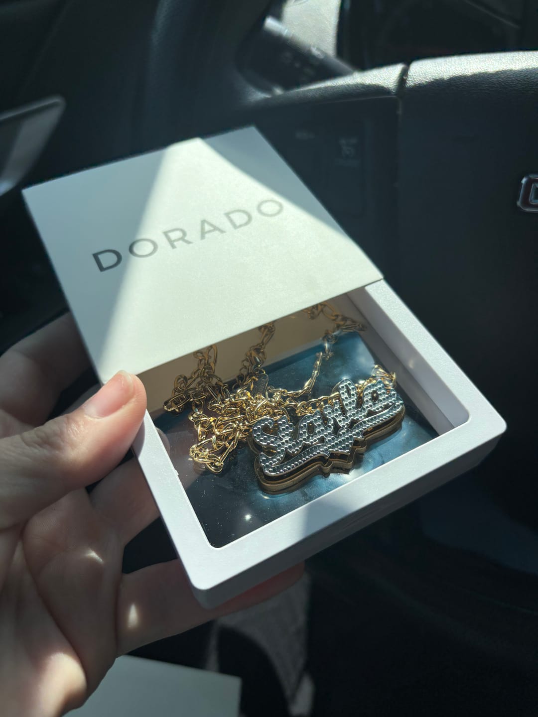 Customer photo review of Double Plated Pop Out Heart Name Necklace w/ Figaro Chain