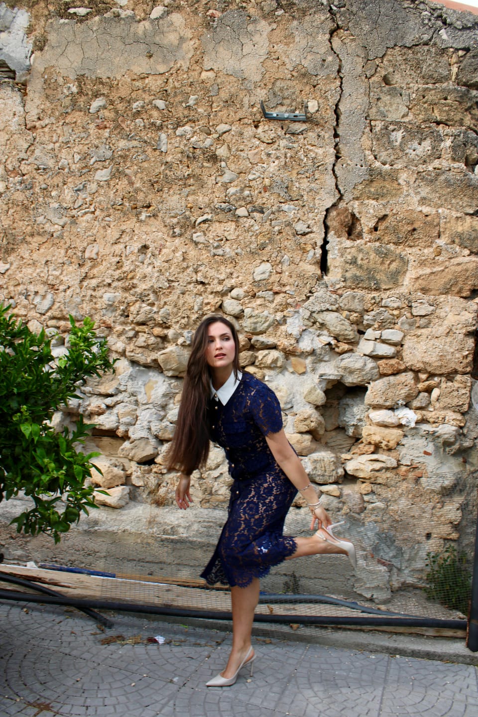 Customer photo review of Floral Lace Midi Dress with Tailored Collar and Belted Waist - Navy
