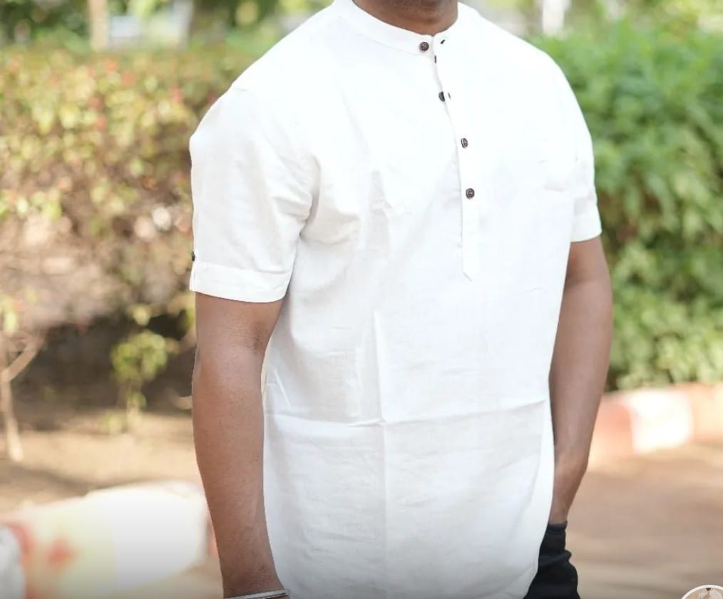 Customer photo review of Men Flowy Linen Half Sleeve Ecru Kurta