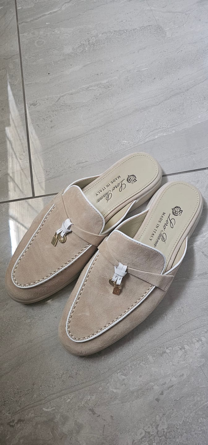 Customer photo review of Loro Piana Beige White Suede Charms Walk Flat Mules