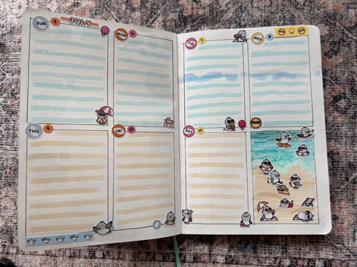 Reviewer's weekly planner layout decorated with various penguin stickers from the Ultimate Subscription kit.