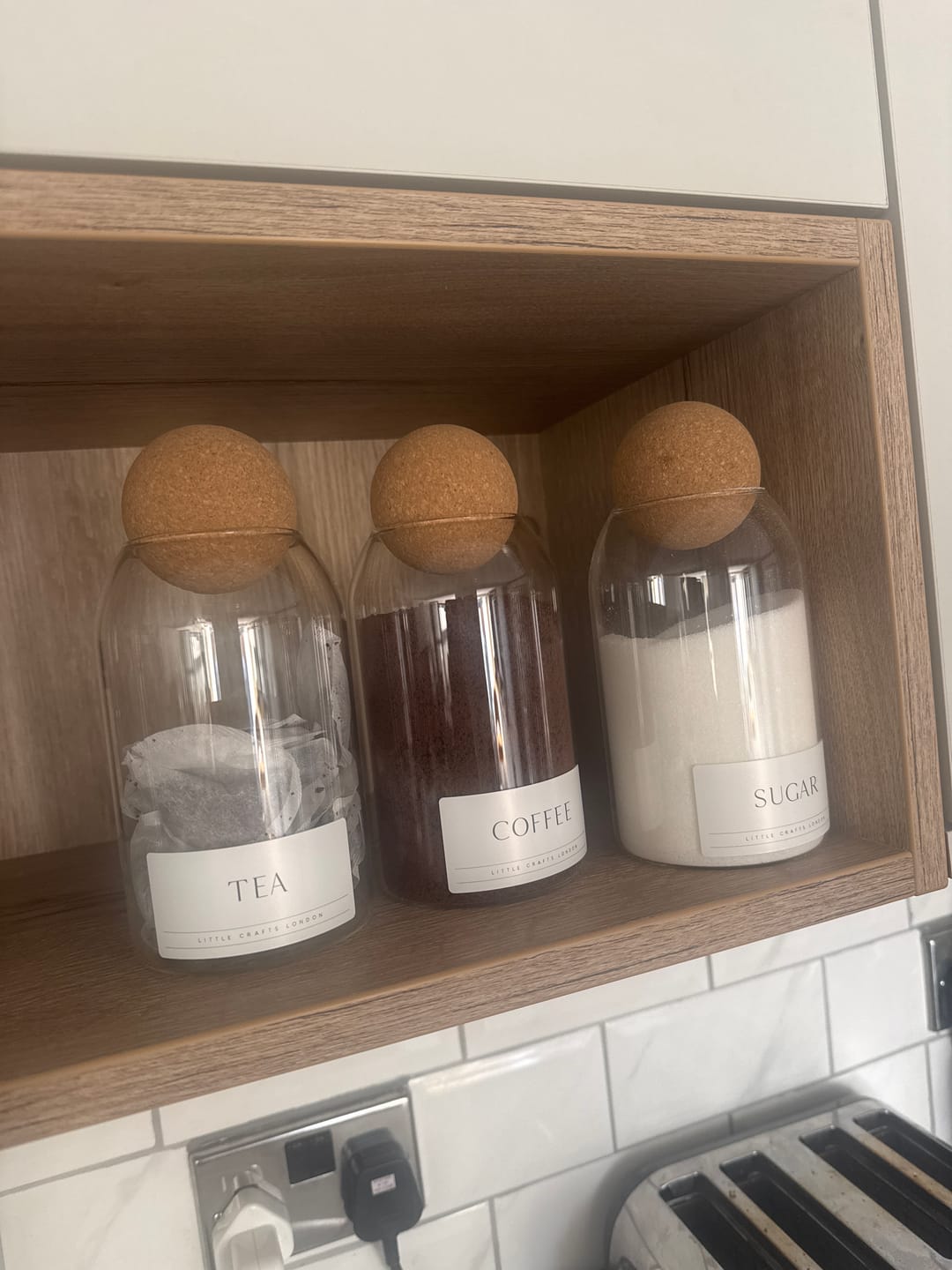 Customer photo review of Set of 3 Cork Ball Glass Jars - Tea, Coffee and Sugar 800ml