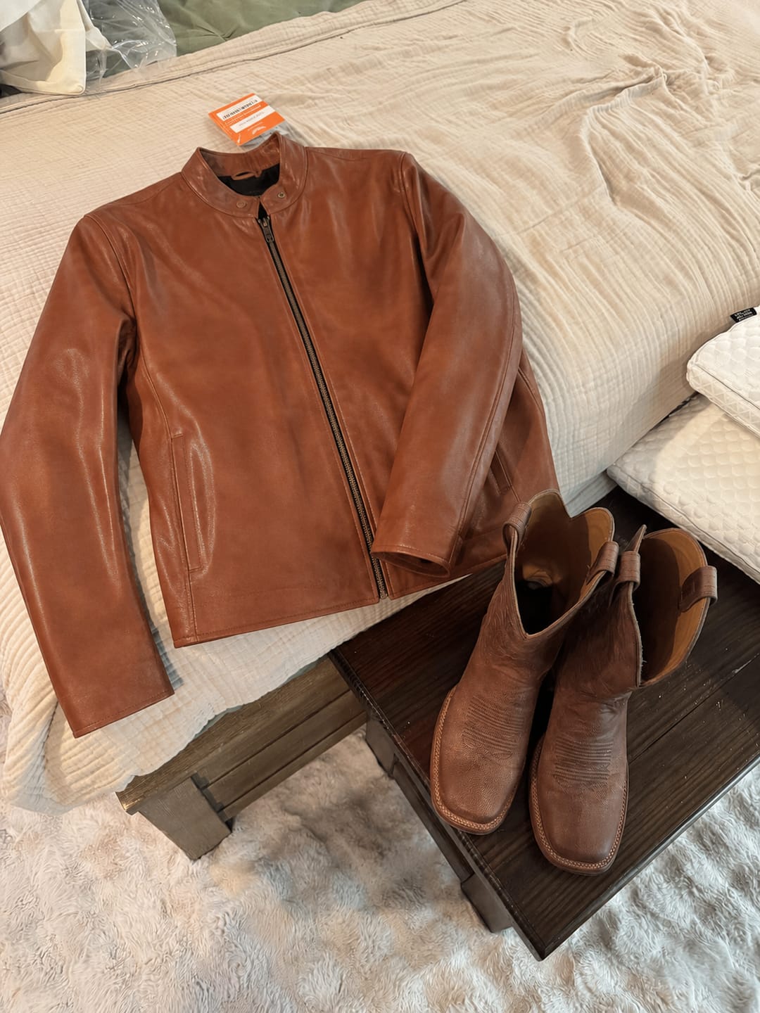 Customer photo review of Dope Chestnut Brown Sheepskin Leather Jacket For Men