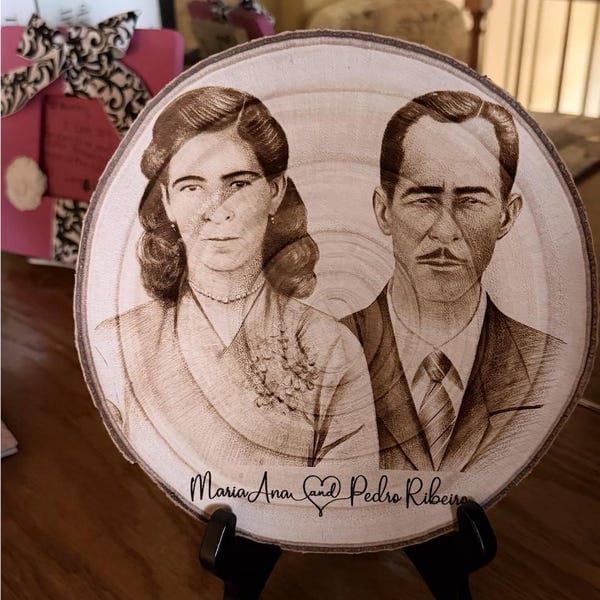 Customer photo review of Custom Wood Couples Portrait Engraving – Engagement, Wedding, Or Anniversary Photo Plaque Tree Slice