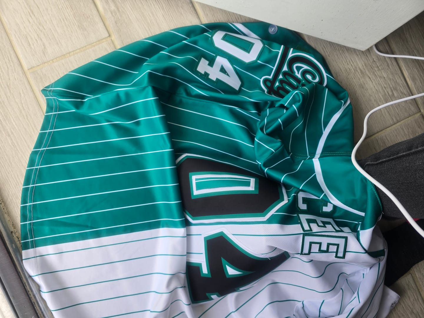 Customer photo review of Custom White Kelly Green Two Tone Striped Fashion Authentic Baseball Jersey