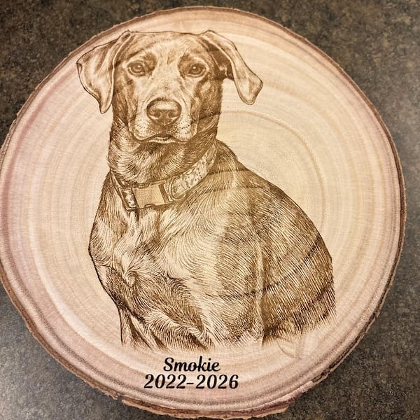 Customer photo review of Custom Wood Pet Memorial Portrait Engraving – Dog & Cat Memorial Plaque Tree Slice with Personalized Photo Display