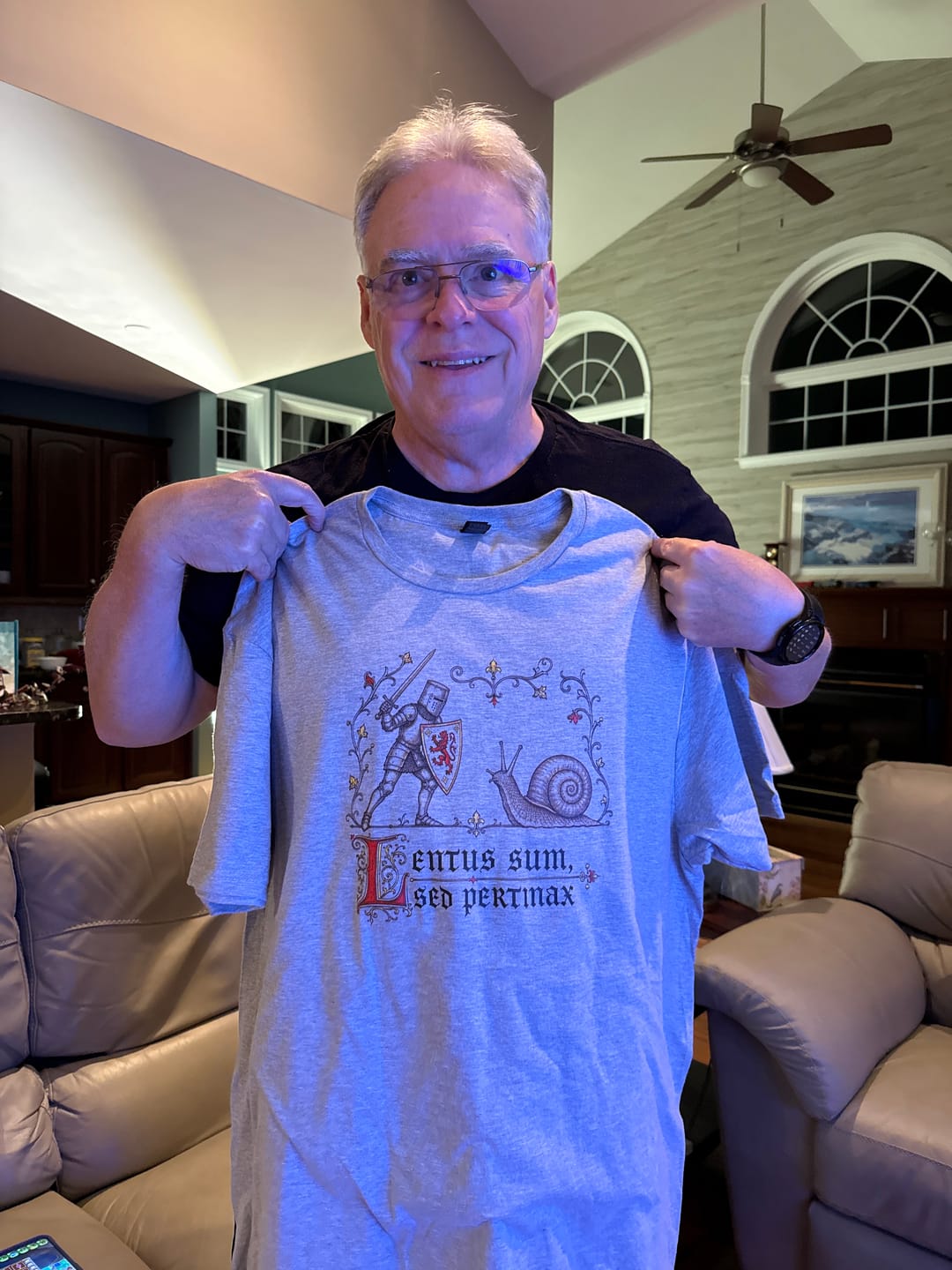 Customer photo review of Knight vs Snail Marginalia Slow but Persistent T-Shirt