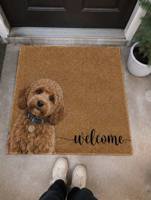 Customer photo review of Welcome Pet Portrait Watercolor Art Welcome Mat - Personalized Doormat