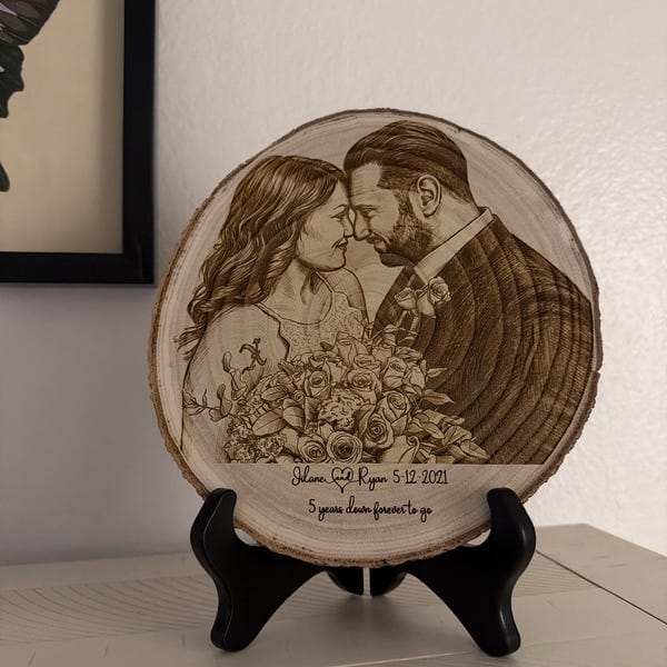 Customer photo review of Custom Wood Couples Portrait Engraving – Engagement, Wedding, Or Anniversary Photo Plaque Tree Slice