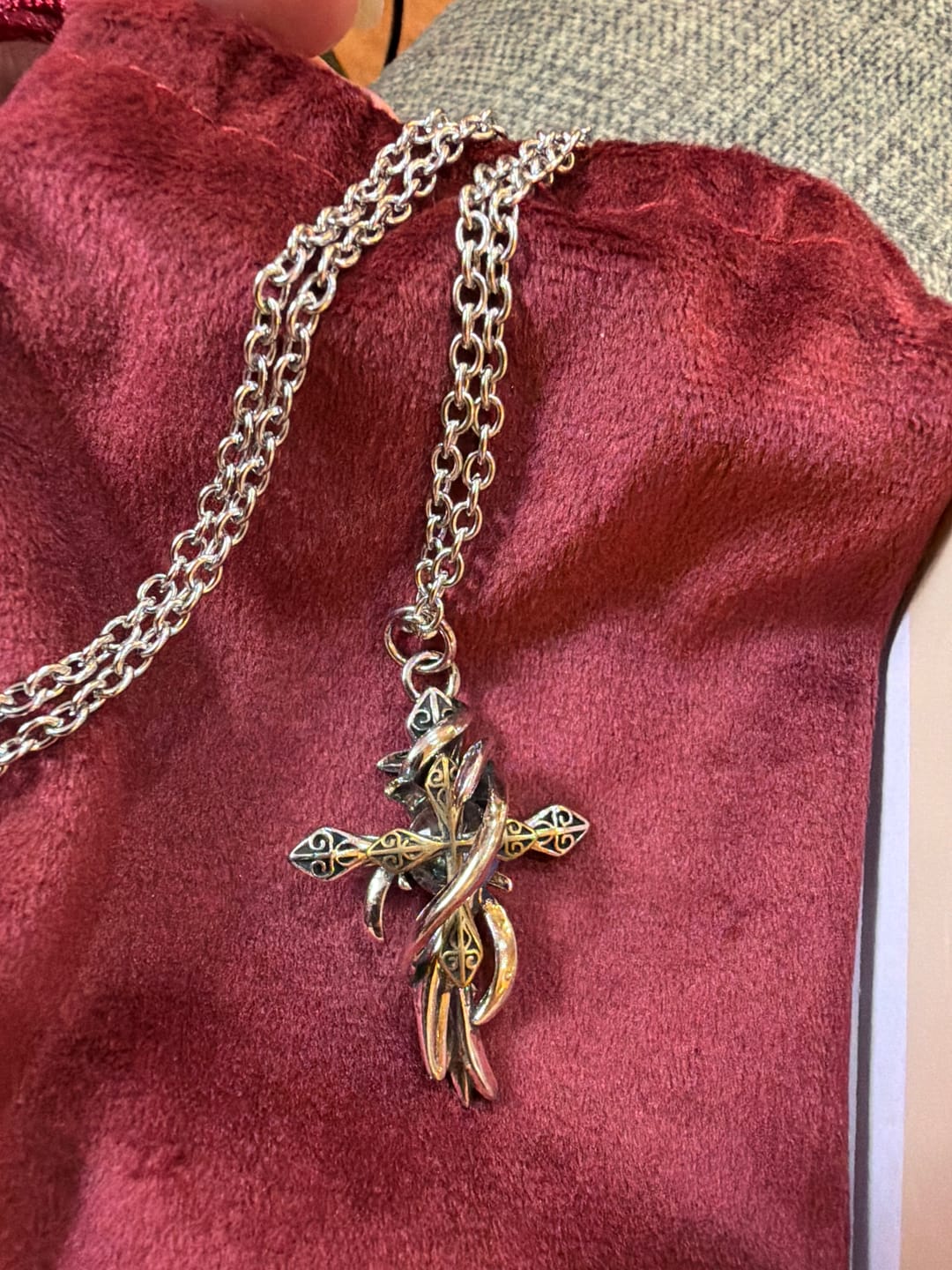 Customer photo review of FREE Today: Ornate Scrollwork Cross Necklace: Two-Tone Design for Devout Daily Wear