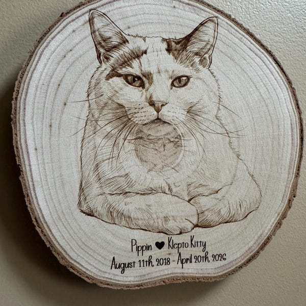 Customer photo review of Custom Wood Pet Memorial Portrait Engraving – Dog & Cat Memorial Plaque Tree Slice with Personalized Photo Display