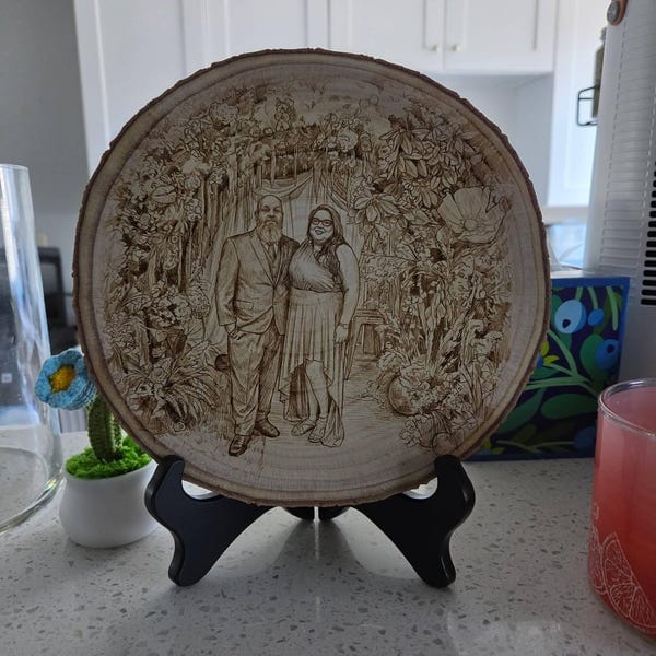 Customer photo review of Custom Wood Couples Portrait Engraving – Engagement, Wedding, Or Anniversary Photo Plaque Tree Slice