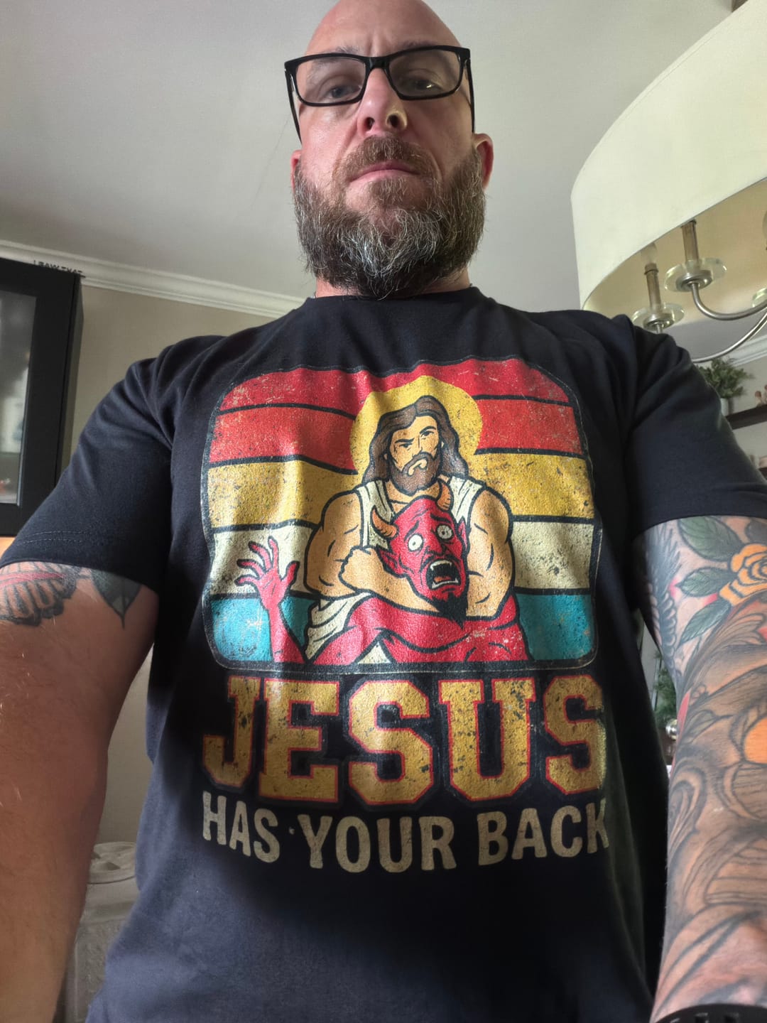 Customer photo review of Jesus Has Your Back T-Shirt