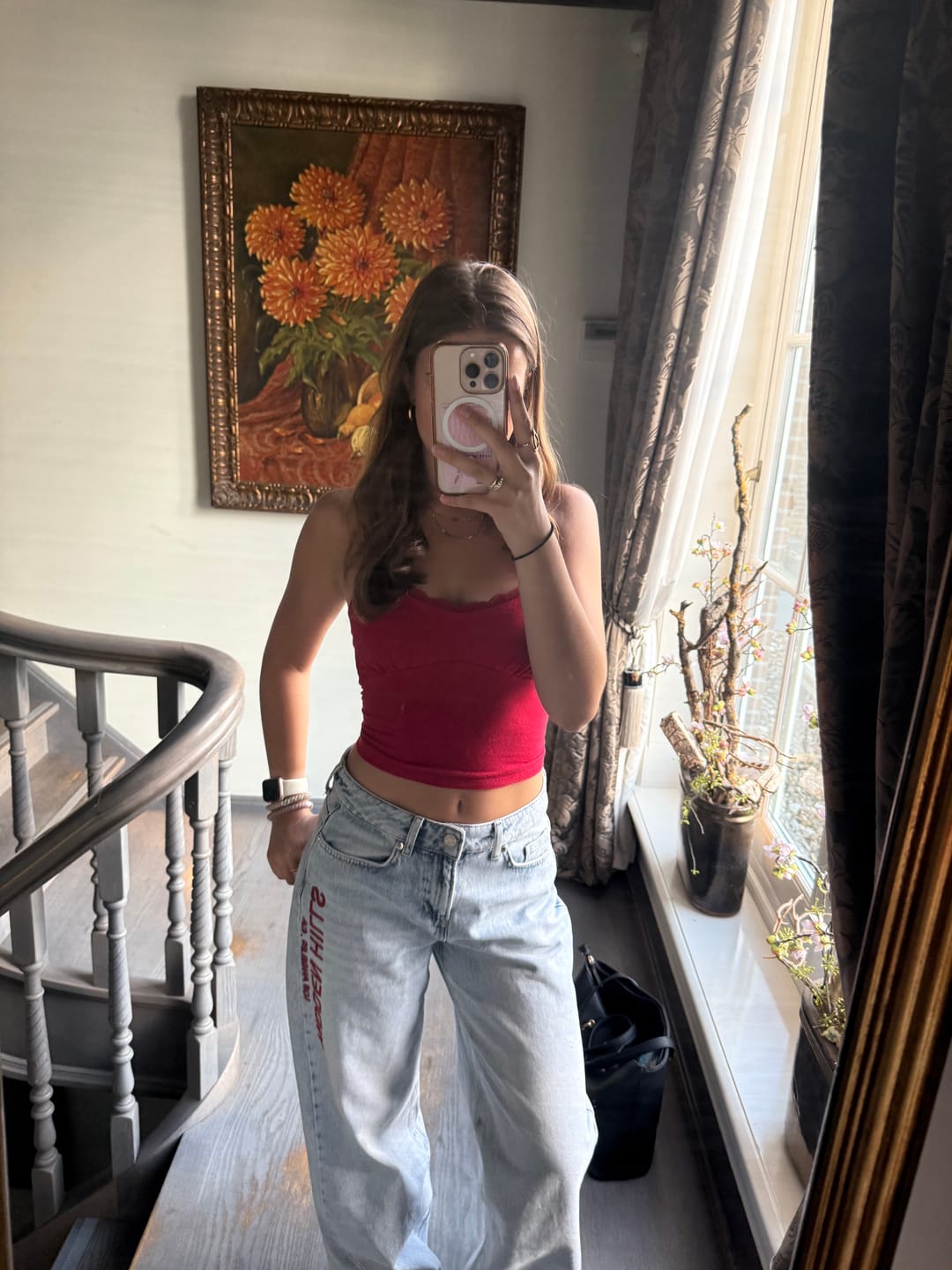 Customer photo review of RED EMBROIDERED LOGO JEANS