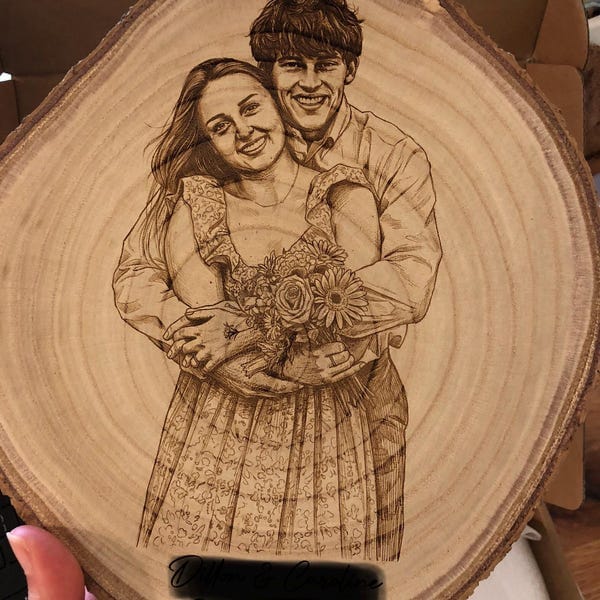 Customer photo review of Custom Wood Couples Portrait Engraving – Engagement, Wedding, Or Anniversary Photo Plaque Tree Slice