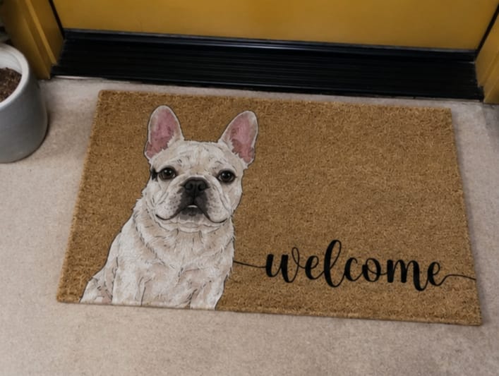 Customer photo review of Welcome Pet Portrait Watercolor Art Welcome Mat - Personalized Doormat