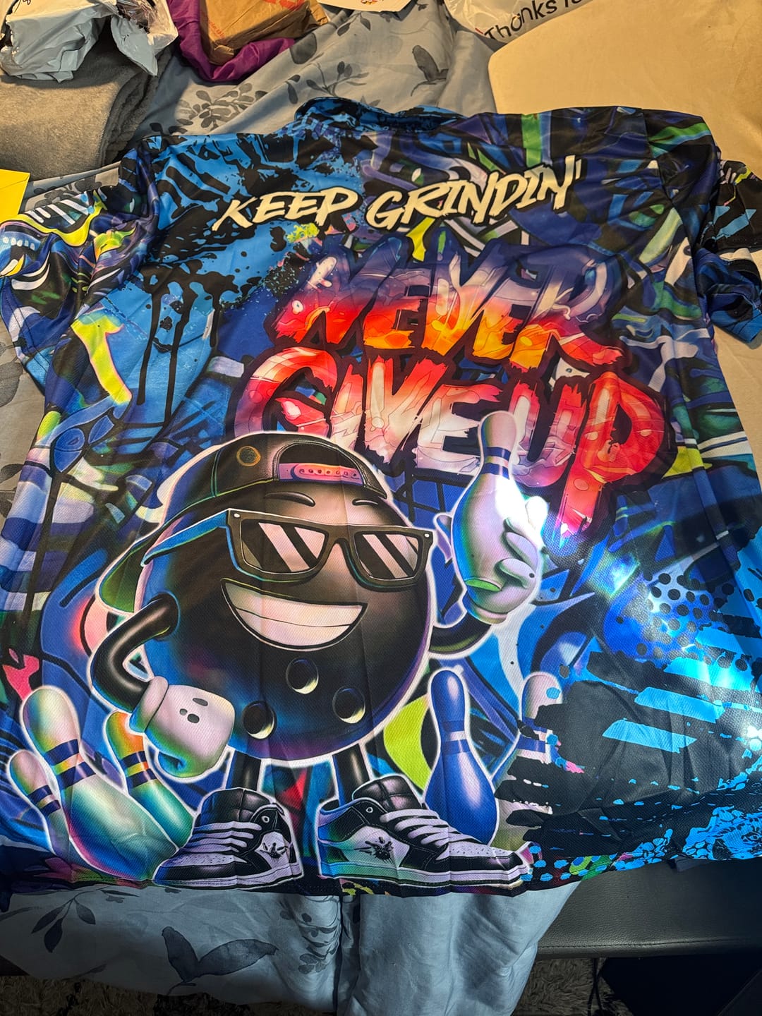 Customer photo review of Frenzidea Bowling And Pins Funny Never Give Up Graffiti Pattern Customized Name, Team Name 3D Shirt (4 Colors)