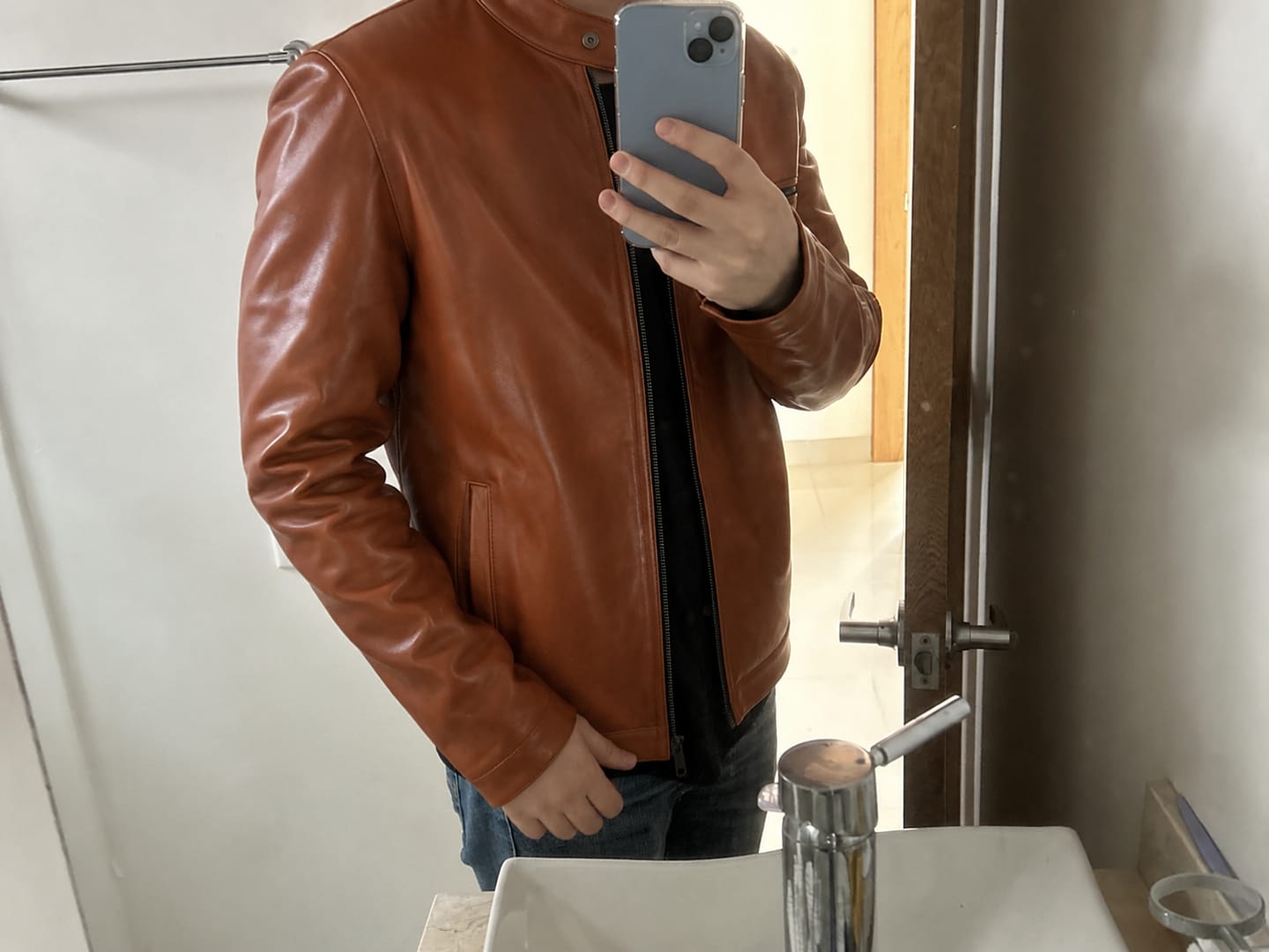 Customer photo review of Blockbeat Reddish Brown Leather Biker Jacket