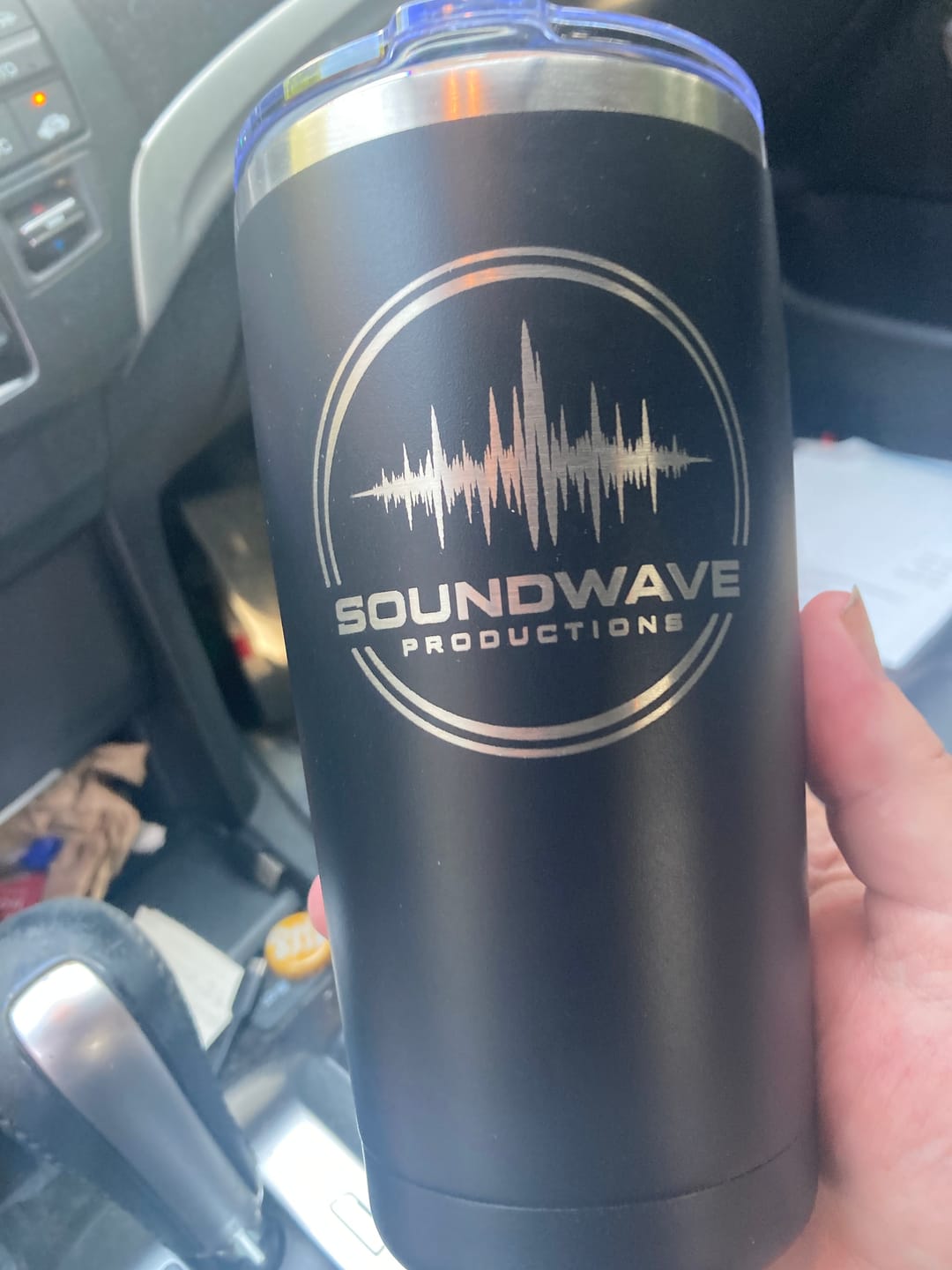 Customer photo review of $5 Sample - Custom 20 oz Tumbler with your Business Logo Engraved - Great Test Before Bulk Volume Order!