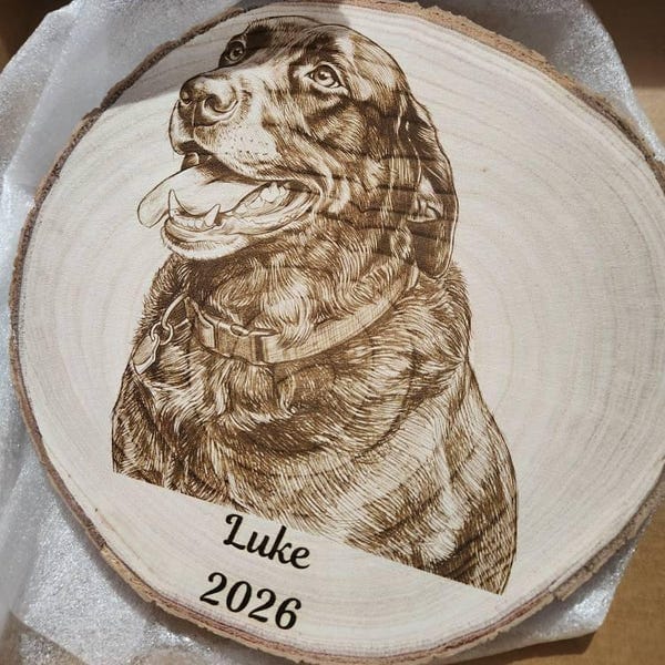 Customer photo review of Custom Wood Pet Memorial Portrait Engraving – Dog & Cat Memorial Plaque Tree Slice with Personalized Photo Display