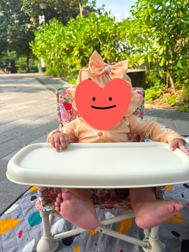 Reviewer's baby relaxing outdoors in a portable chair with the floral V2 Chairs Spare Seat Cover.