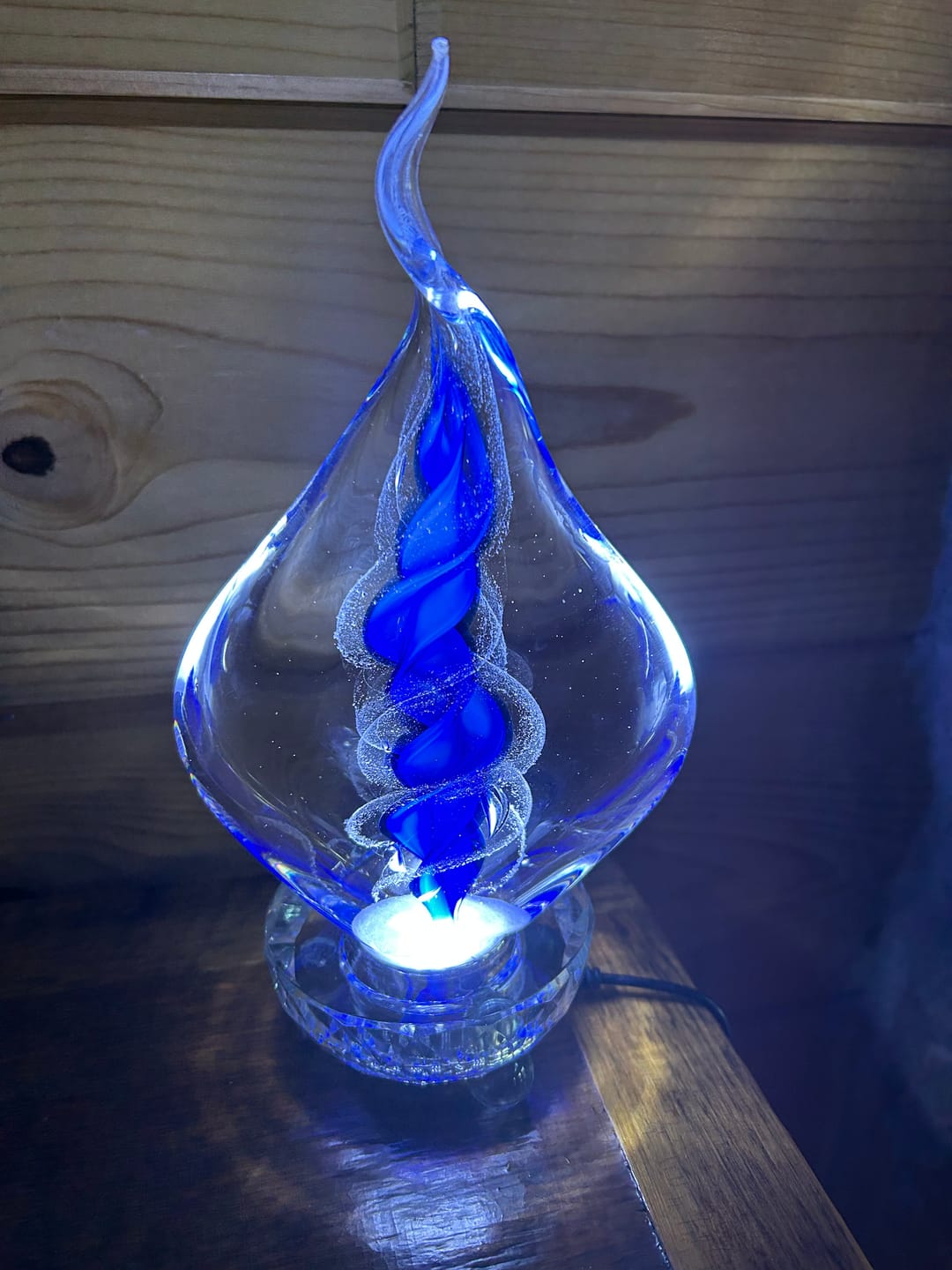 Customer photo review of Illuminated Memorial Glass Flame with Cremation Ashes