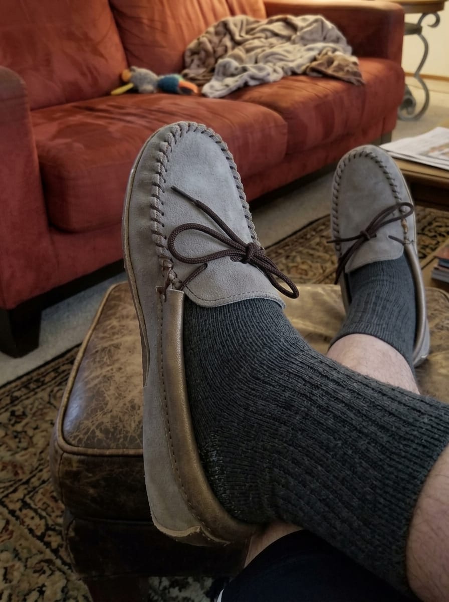 Customer photo review of Men's Memory Foam Grey Suede Moccasins