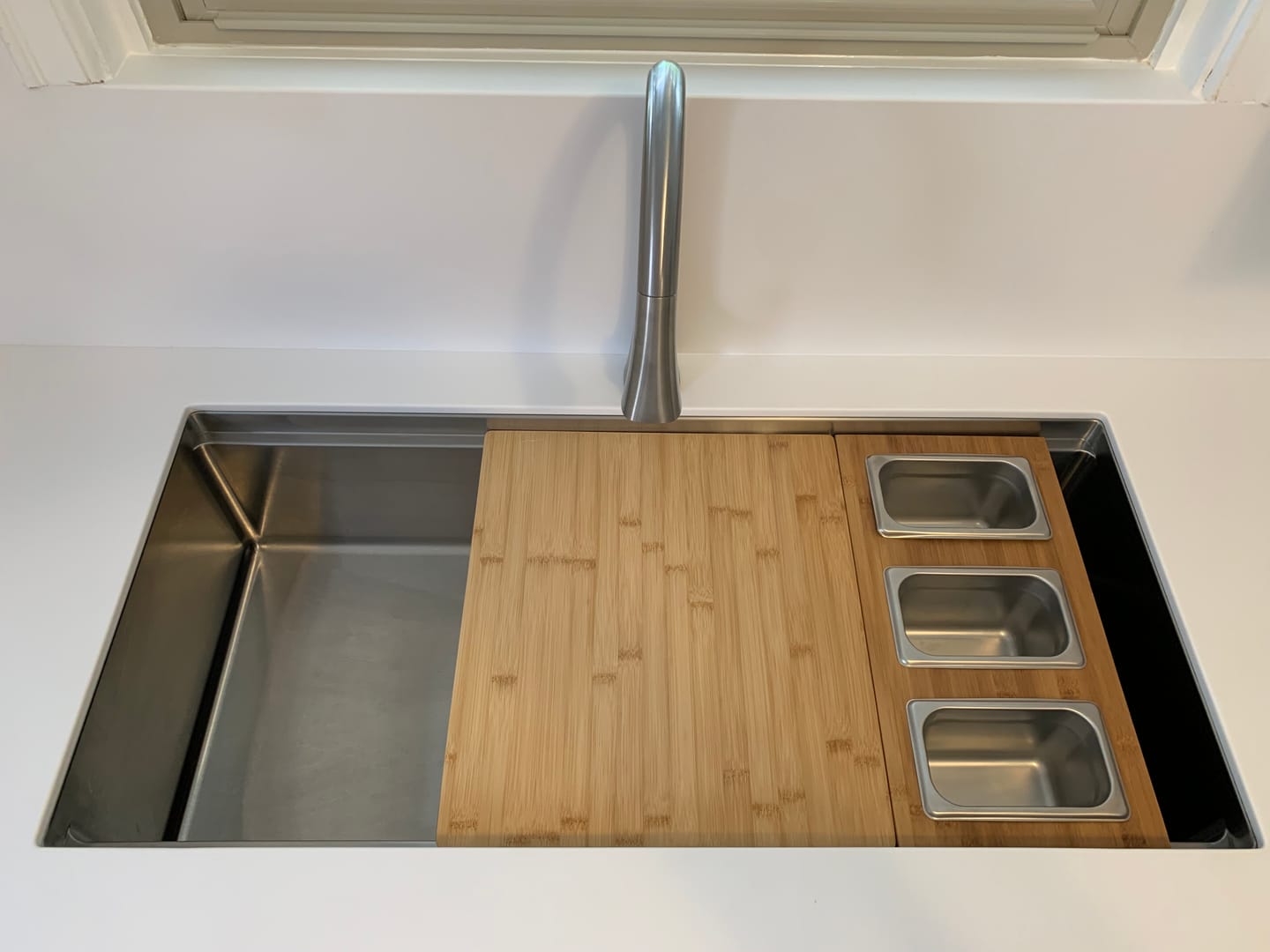 Customer photo review of 9" Bamboo 3 Bowl Serving Board (3-BOWL-SET) - Workstation Sink Accessory