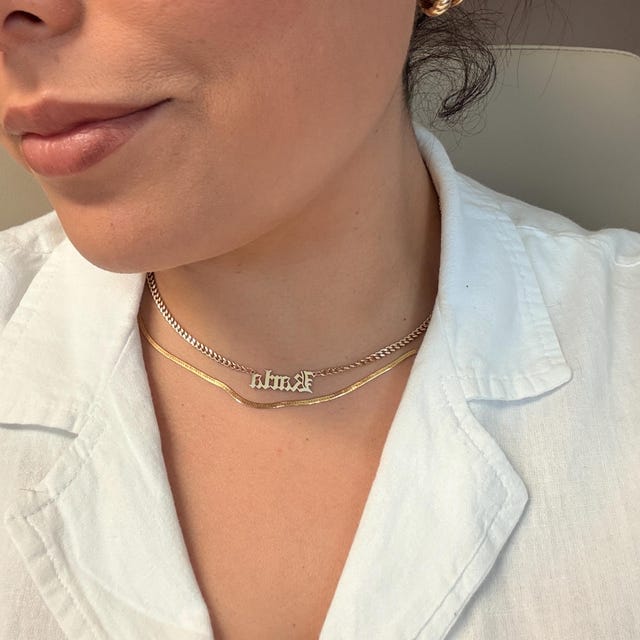 Customer photo review of Old English Nameplate Necklace