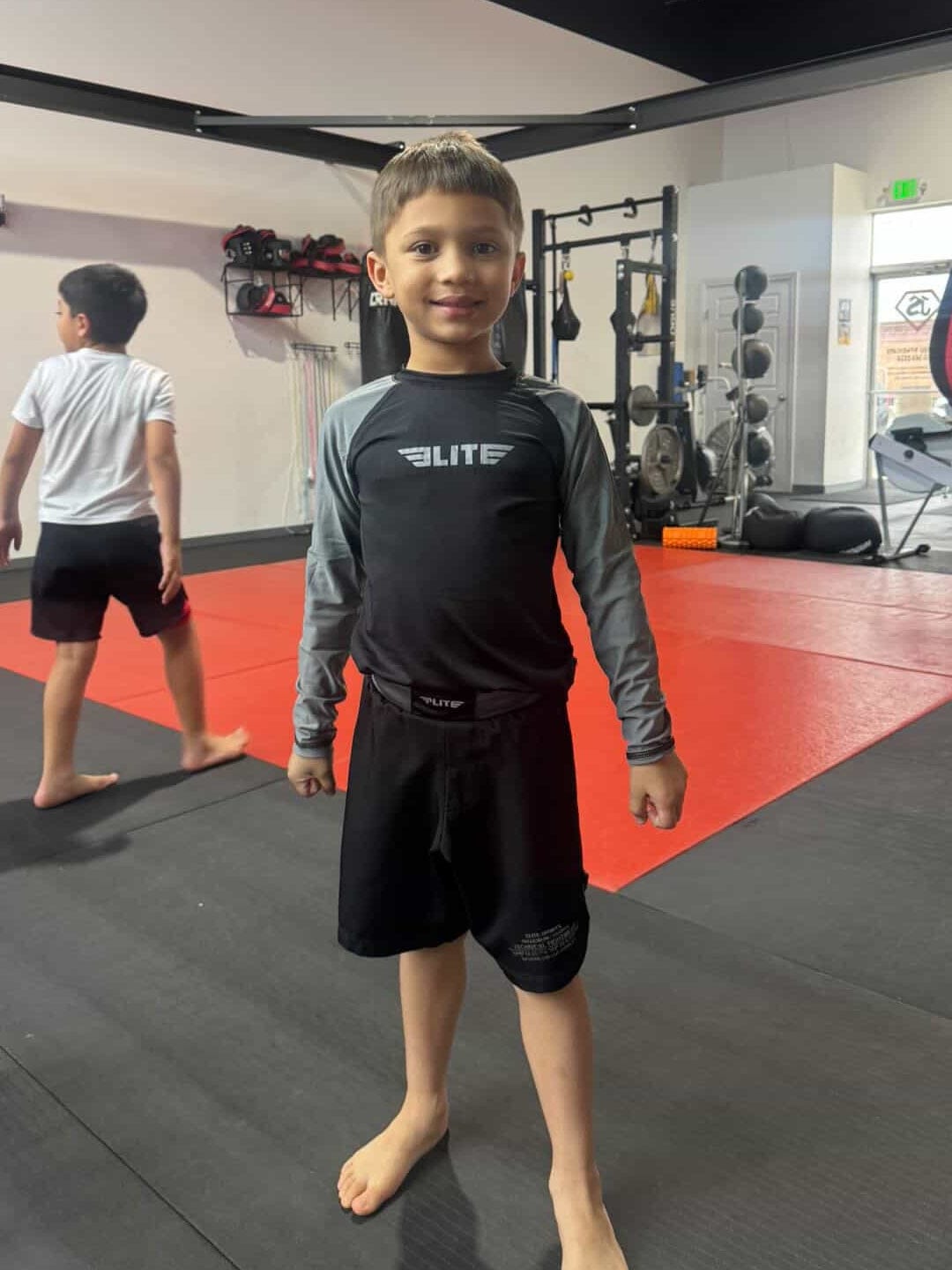 Customer photo review of Standard Gray Long Sleeve No-Gi Kids BJJ Rash Guard
