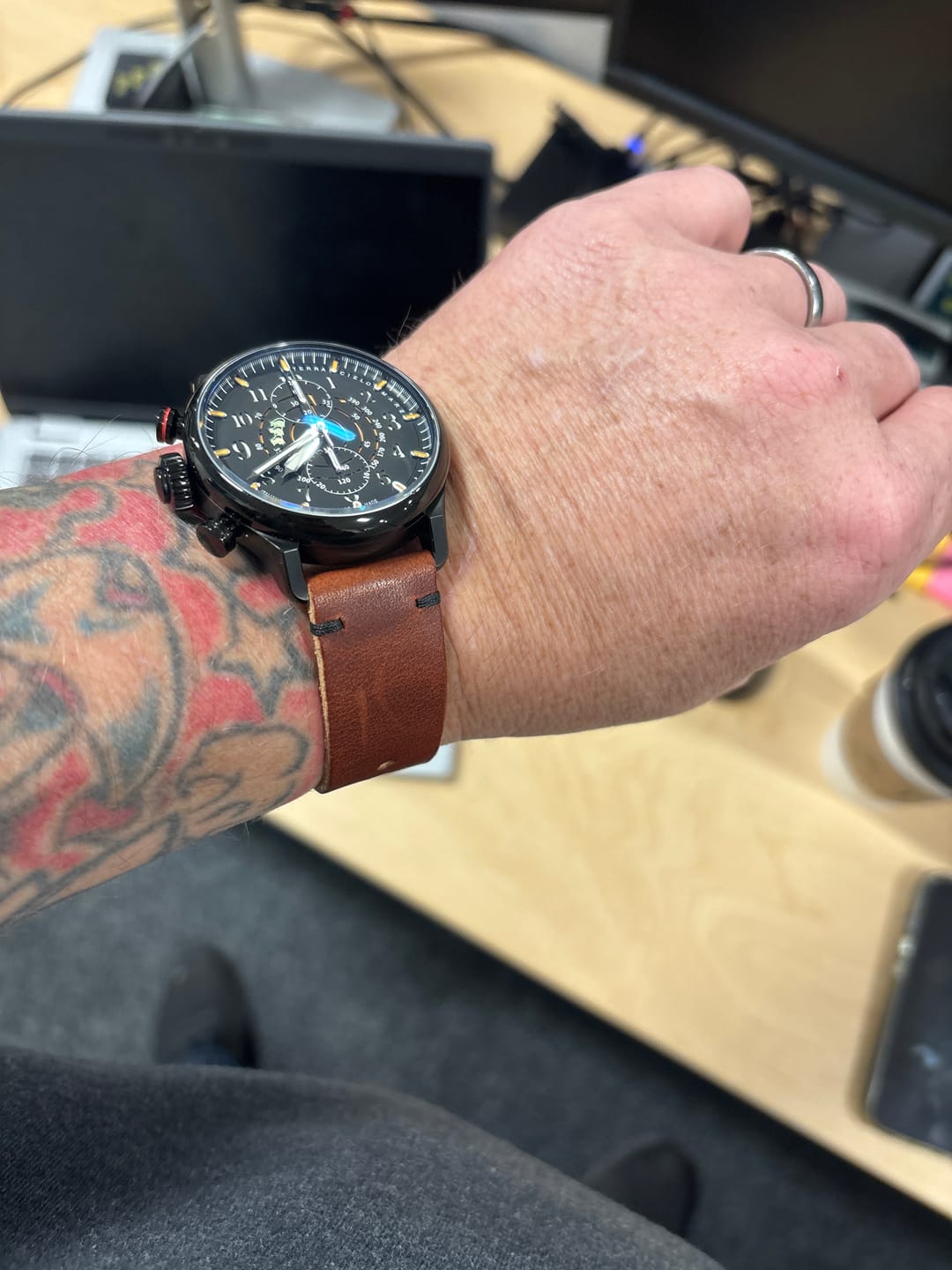 Customer photo review of Horween English Tan Dublin Leather Watch Strap, Black Thread
